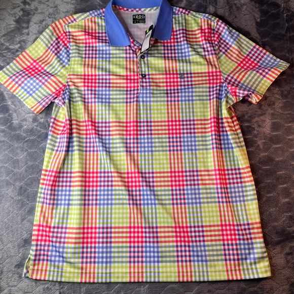 IZOD Golf Mens Large Polo Shirt Multicolor Plaid Gingham Short Sleeve NWT - Picture 3 of 9